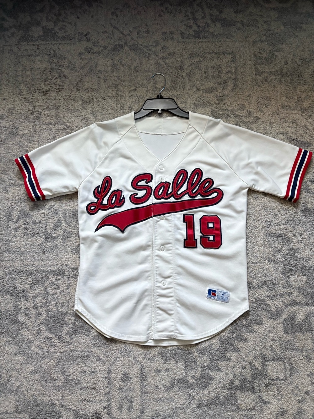 Vintage Russel Athletic De La Salle White & Red Baseball Jersey- Script Logo #19